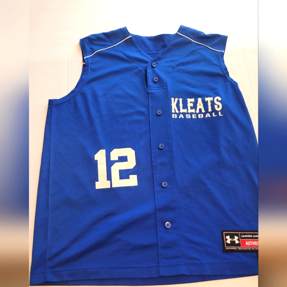 KLEATS BLUE BUTTON UP UNDER ARMOUR BASEBALL JERSEY #12 SIZE MEDIUM EUC MENS